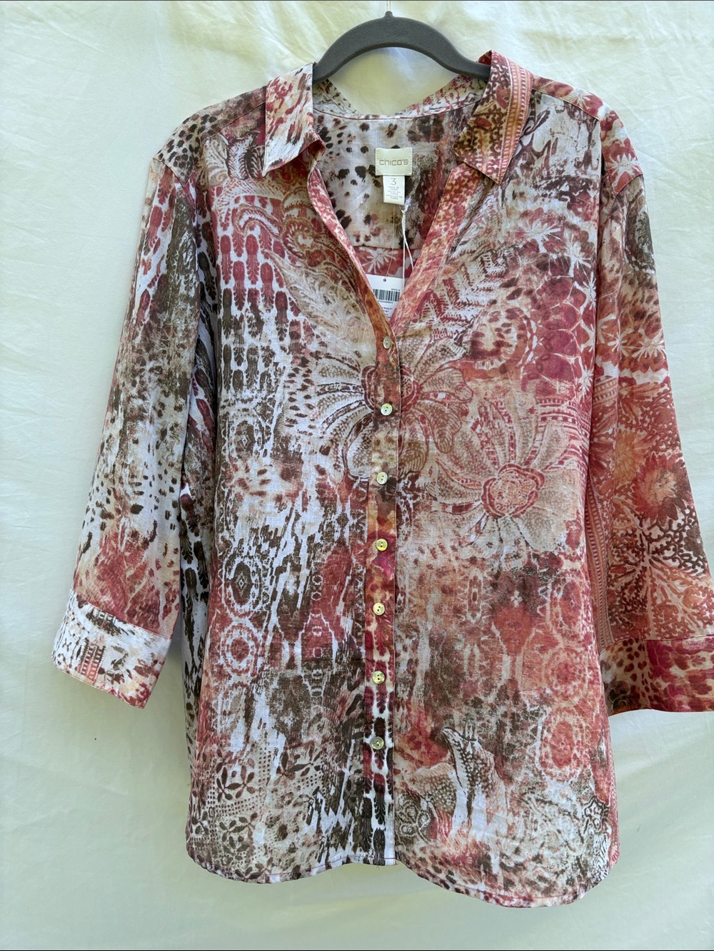 Chico's Floral-Print Button Front Shirt in Carmine Pink and Brown